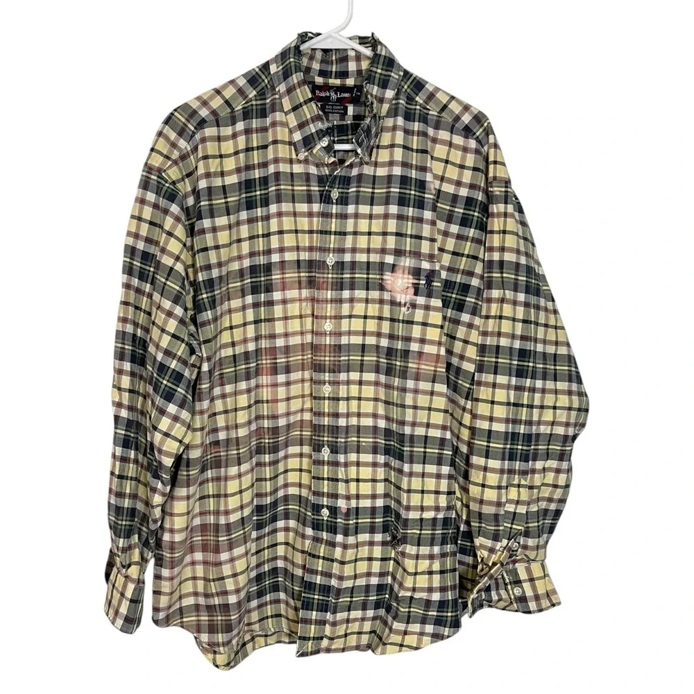 Vintage Polo Ralph Lauren XL Plaid Button Down Big Shirt Distressed Thrashed